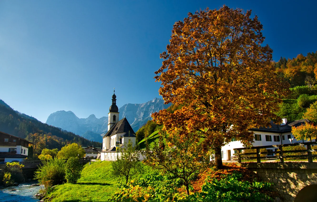 Фото обои осень, пейзаж, горы, природа, река, дома, Германия, Бавария