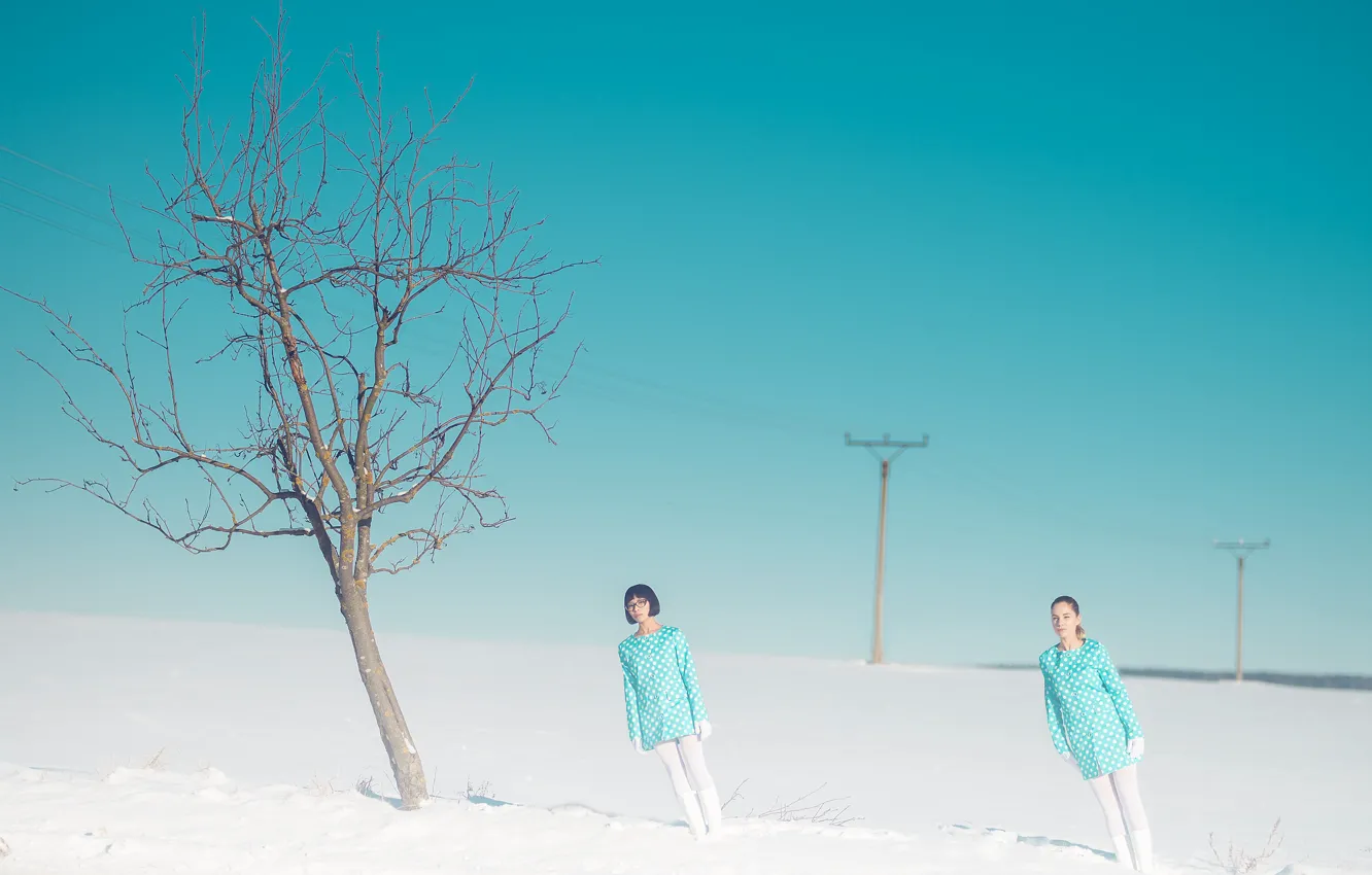 Фото обои снег, дерево, наклон, две девушки