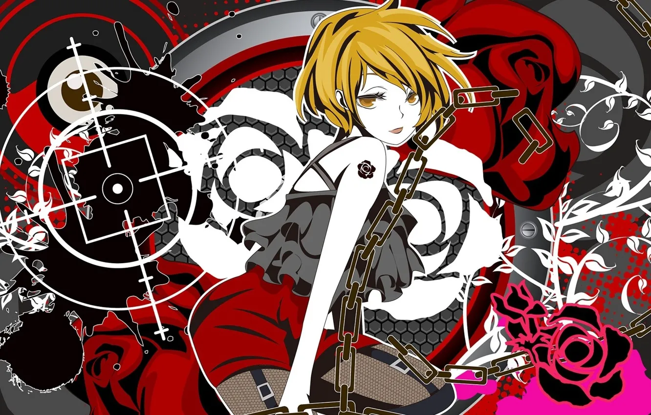 Фото обои девушка, розы, аниме, тату, цепь, короткие волоси