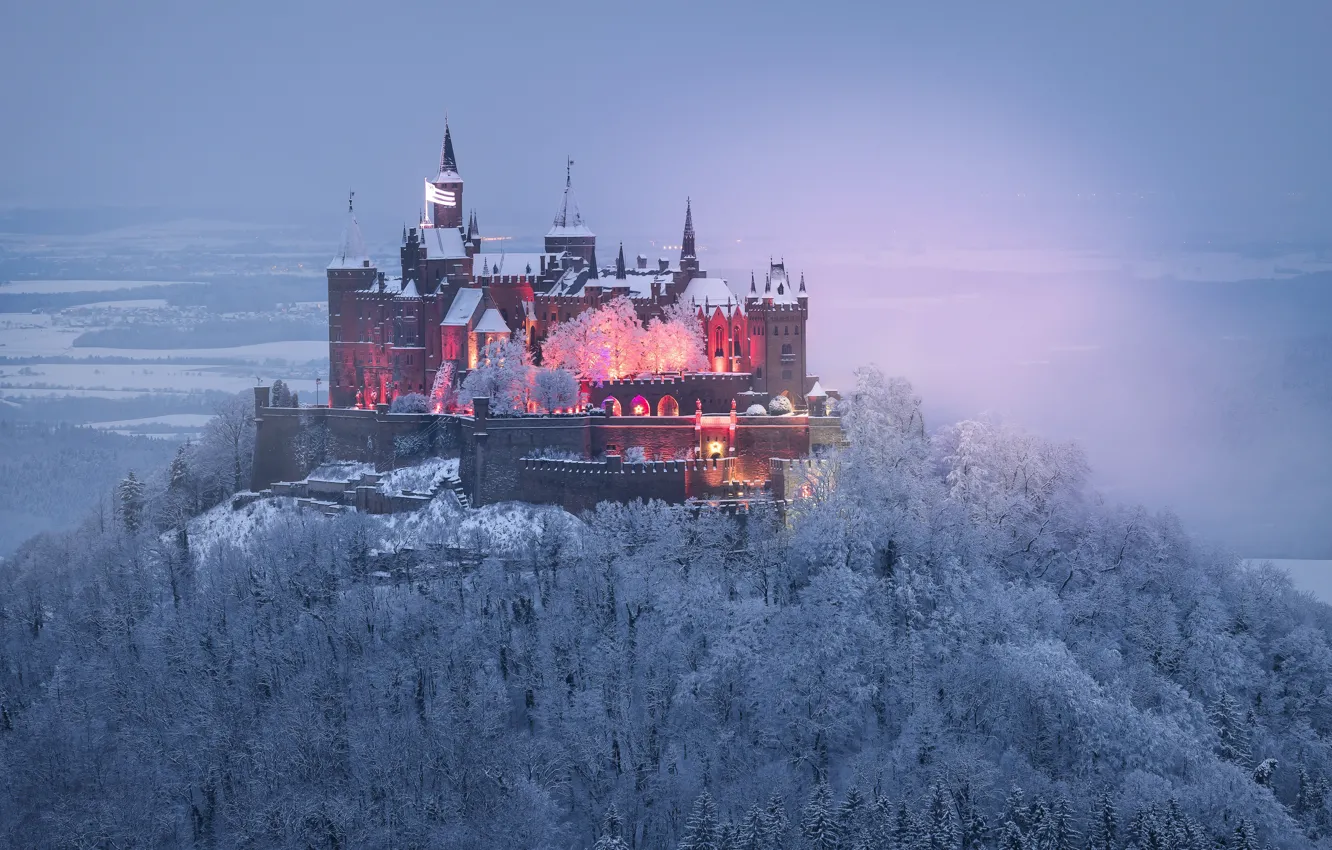 Фото обои зима, лес, деревья, замок, гора, Германия, Germany, изморозь