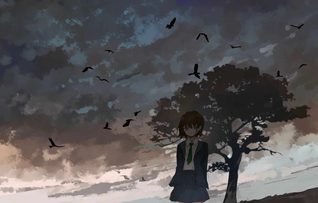Фото обои одиночество, школьница, одинокое дерево, серое небо, пасмурная погода, мрачное место, черные вороны, by Axle