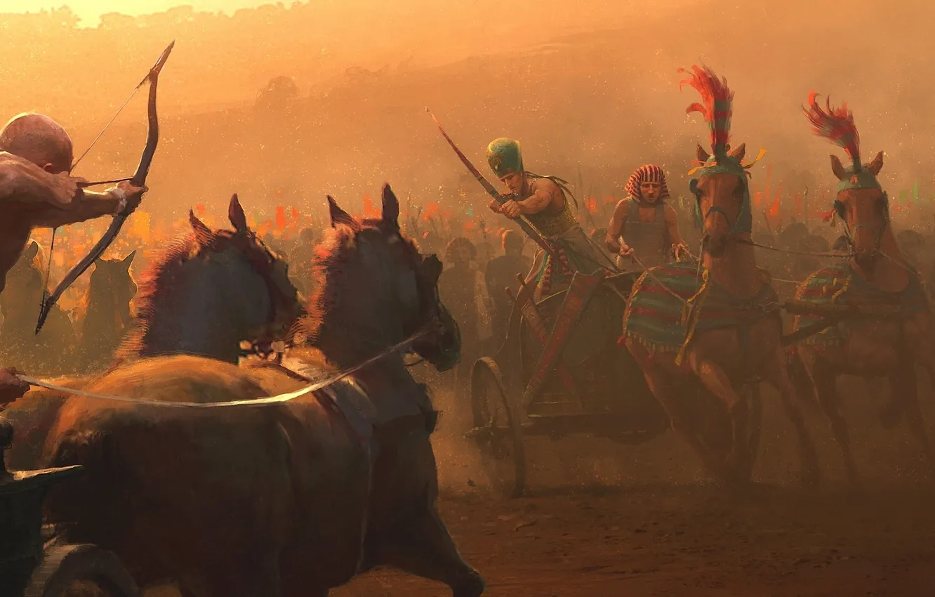 Фото обои оружие, кони, колесница, армия, лук, арт, фараон, битва