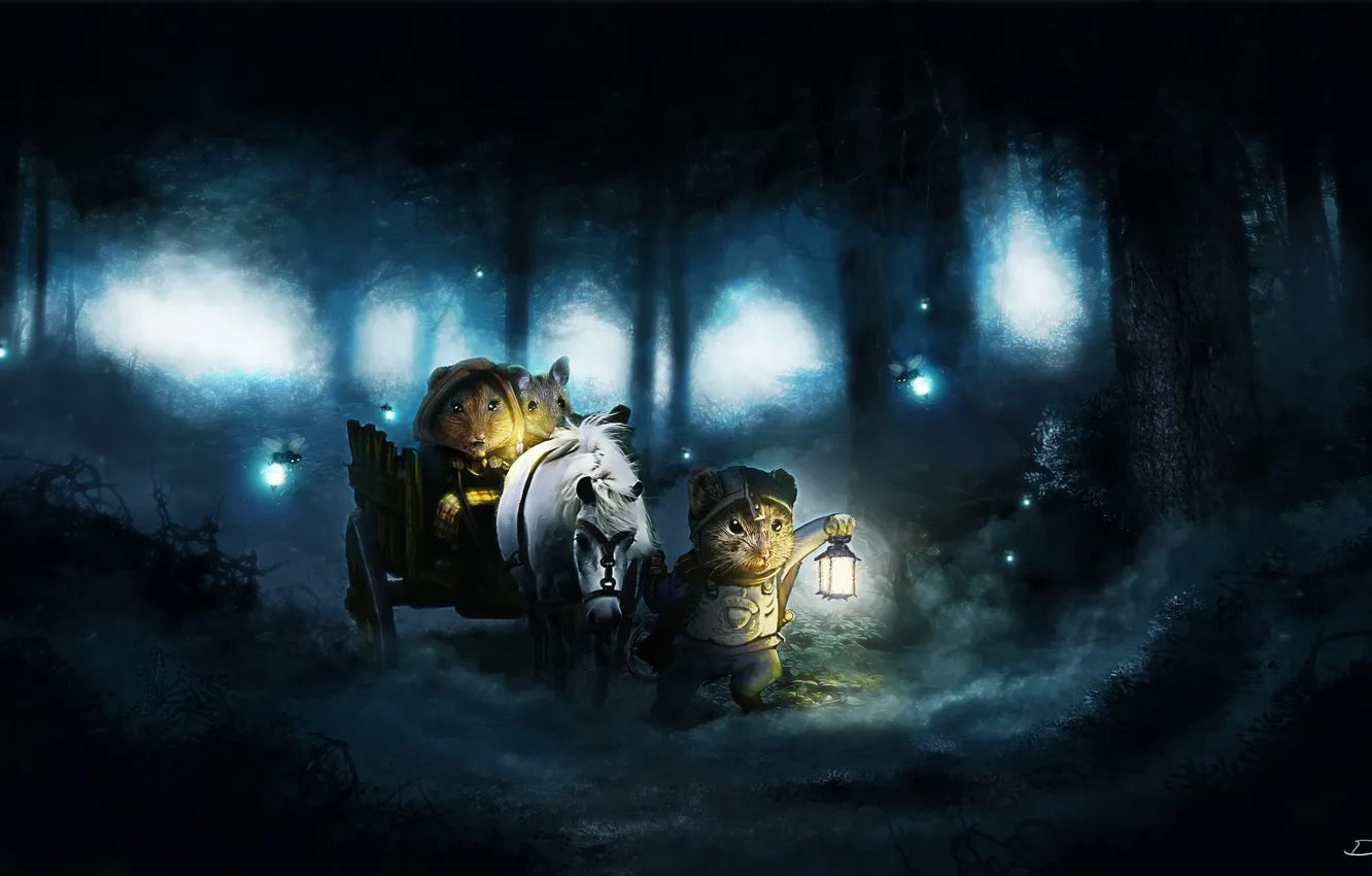 Фото обои лес, животные, ночь, светлячки, конь, арт, фонарь, пони