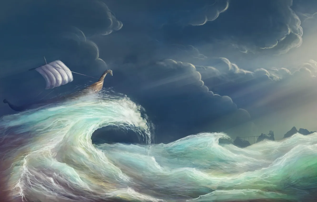 Фото обои облака, шторм, волна, корабль, арт