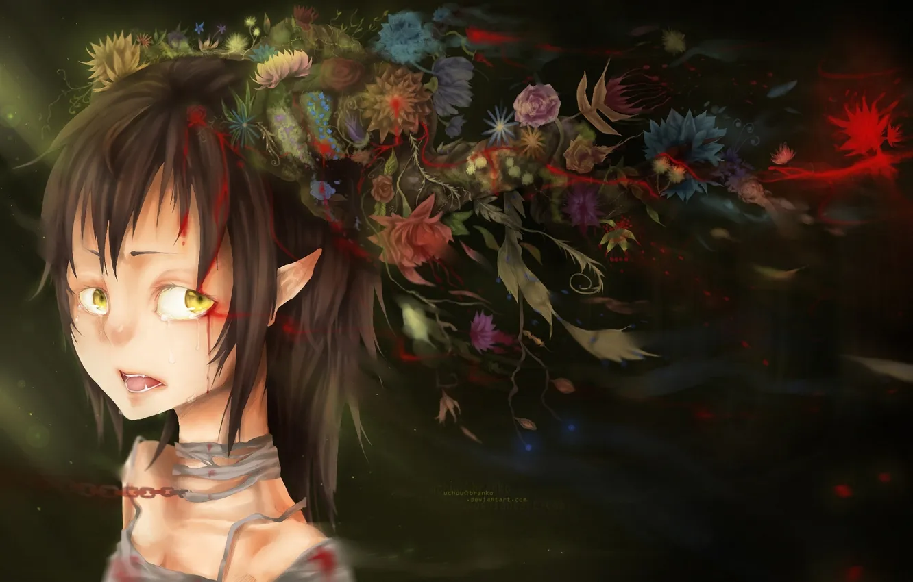Фото обои девушка, цветы, кровь, цепь, бинты, uchuubranko