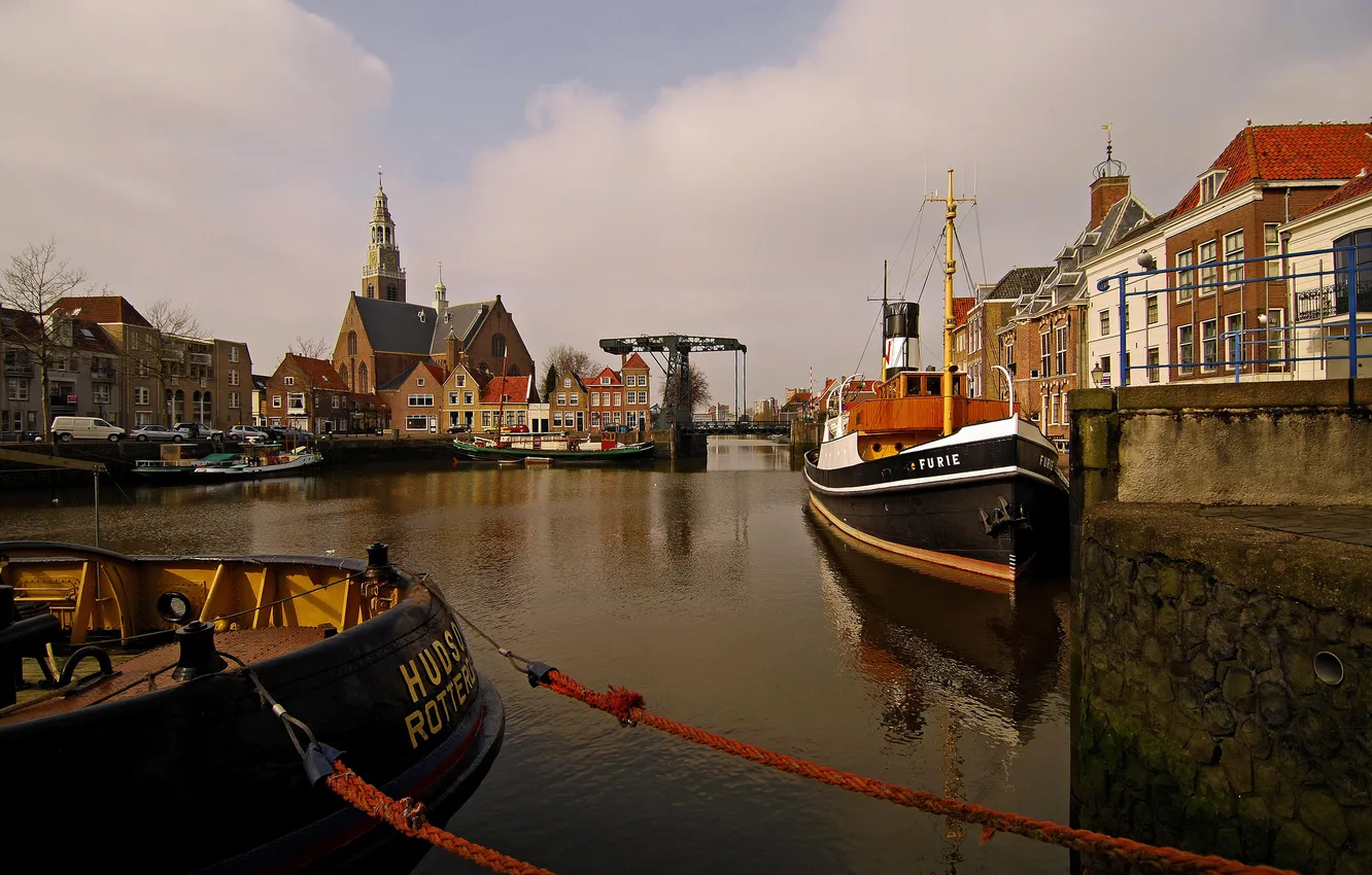 Фото обои небо, река, корабль, дома, канал, Нидерланды, Масслёйс
