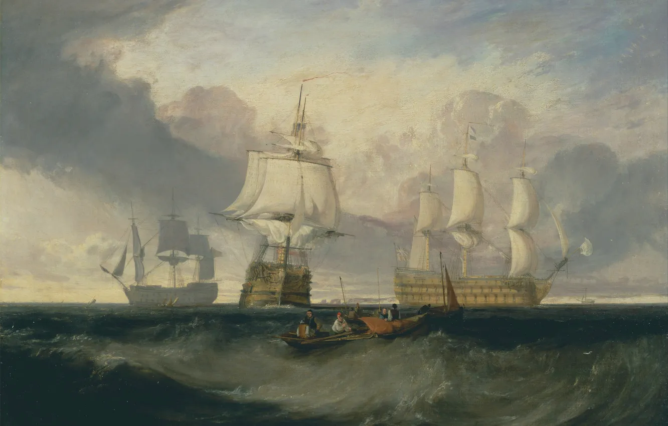 Фото обои море, волны, лодка, корабли, картина, парус, морской пейзаж, Уильям Тёрнер