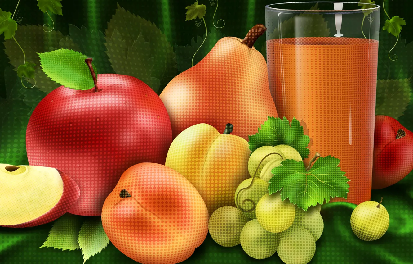Фото обои стакан, яблоко, сок, виноград, груша, фрукты, татюрморт