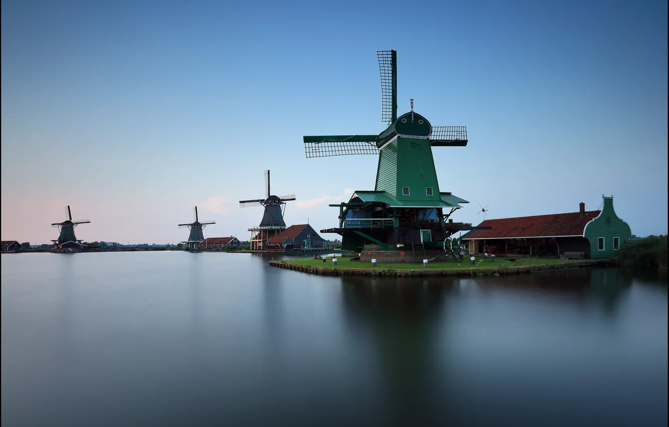 Фото обои канал, мельницы, Нидерланды, Голландия, Zaanse Schans, Zaanstad
