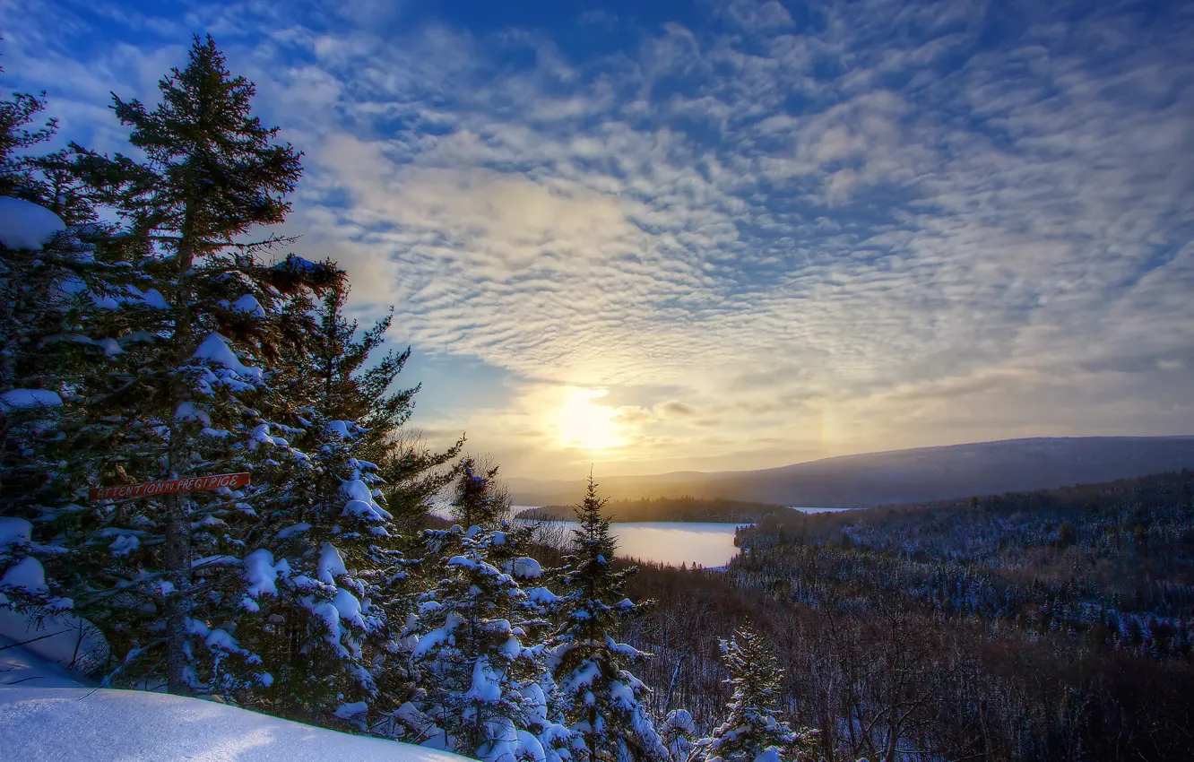 Фото обои зима, снег, пейзаж, природа, озеро, рассвет, утро, ели