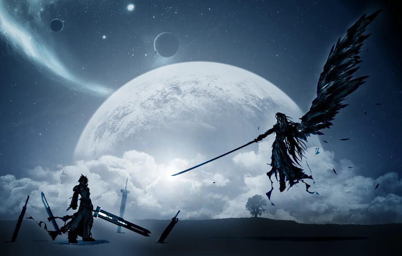 Фото обои луна, Final Fantasy, Последняя фантазия, персонажи, Клауд Страйф