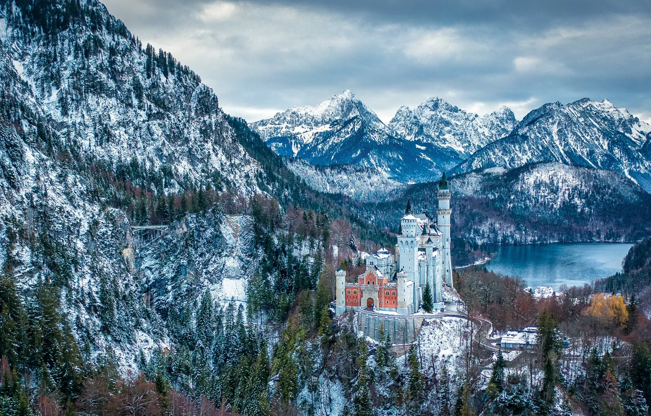 Фото обои осень, снег, горы, озеро, замок, Германия, Бавария, Germany