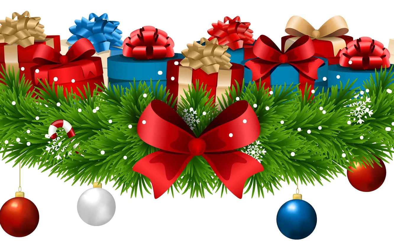 Фото обои украшения, снежинки, шары, елка, Новый Год, подарки, бант, New Year