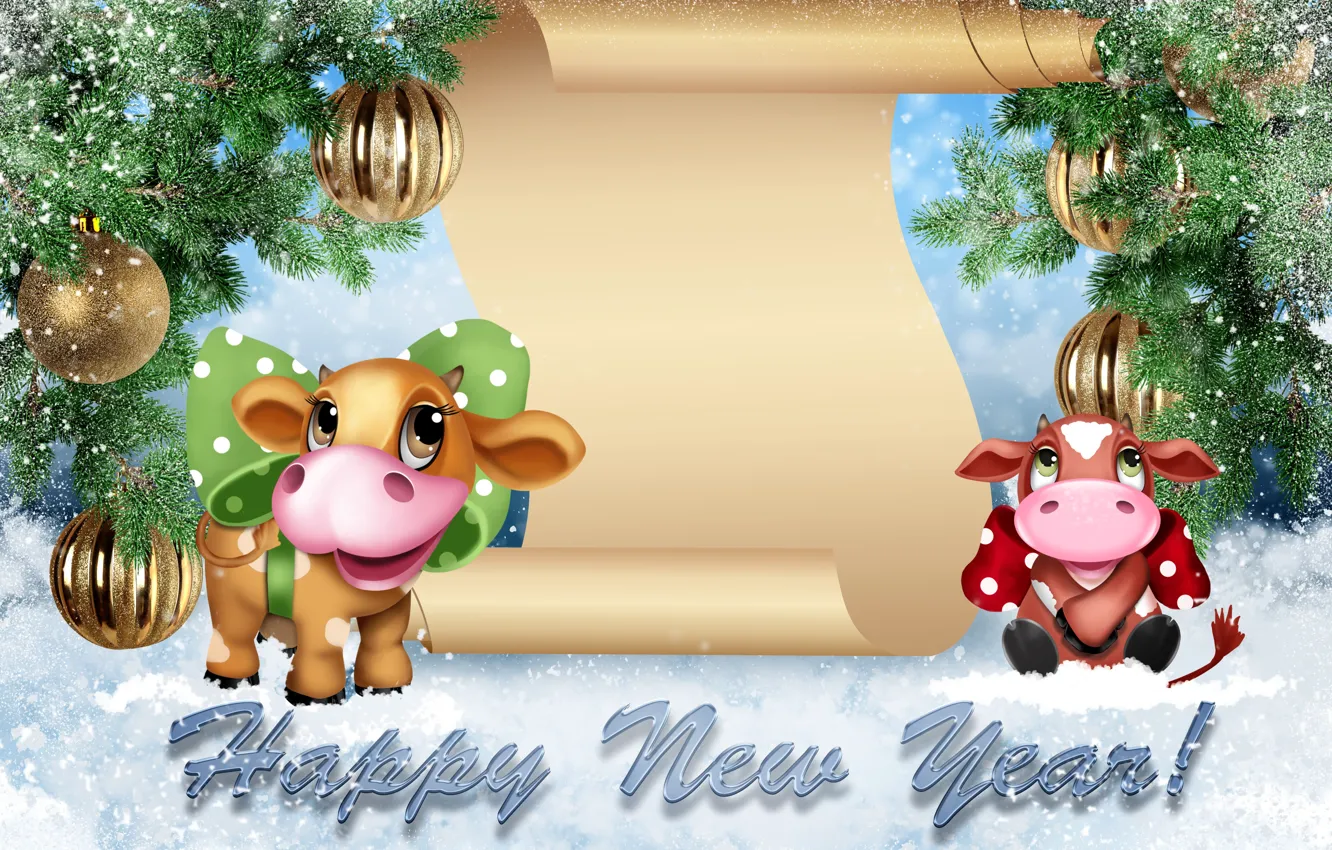 Фото обои шарики, снег, ветки, Новый год, символ, хвоя, 2021