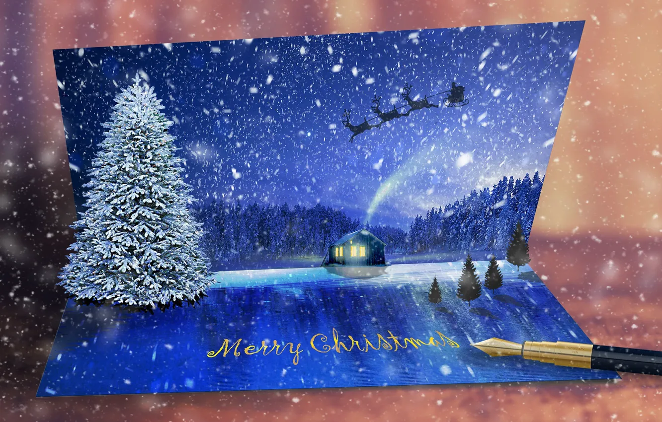 Фото обои зима, снег, елка, Новый год, открытка