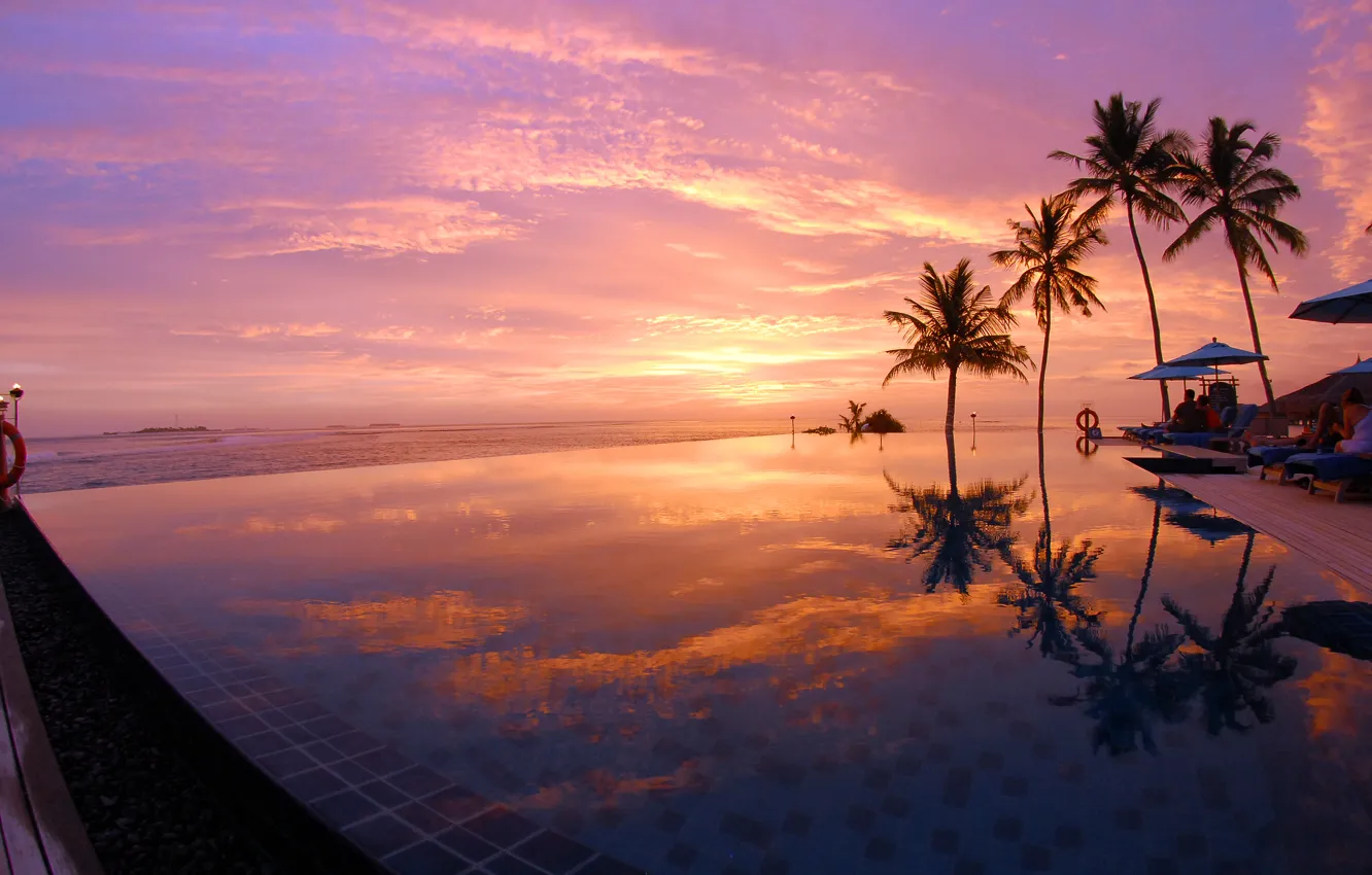 Фото обои пальмы, океан, вечер, бассейн, Maldives