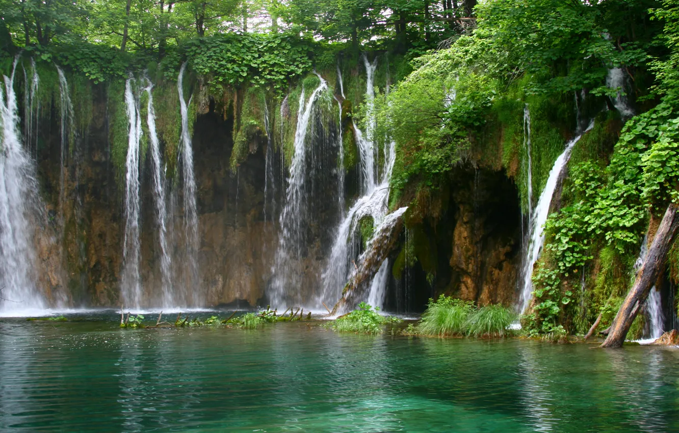 Фото обои зелень, вода, пейзаж, природа, водопад