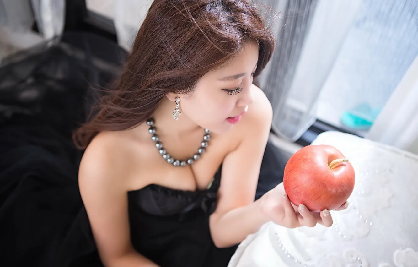 Фото обои девушка, яблоко, азиатка