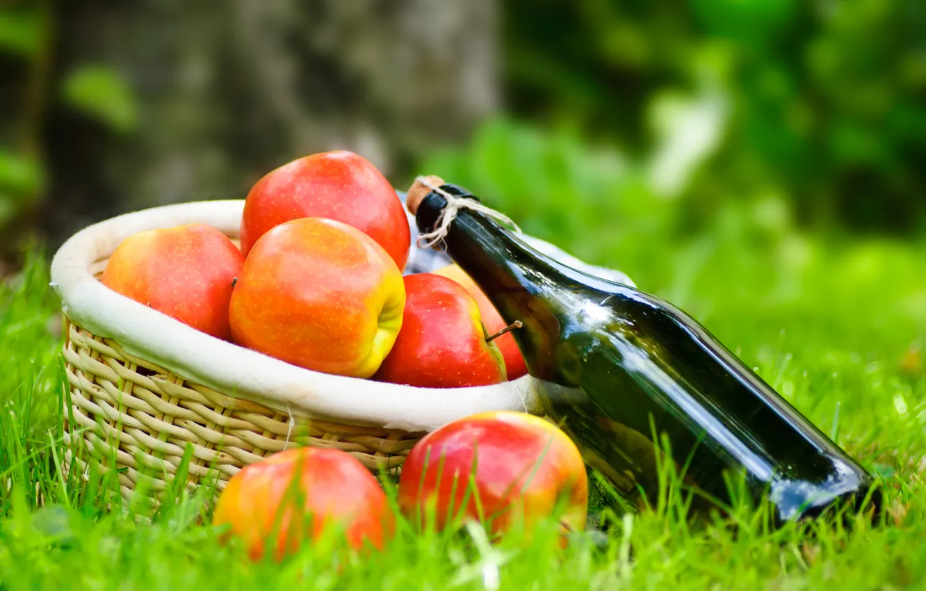 Фото обои трава, вино, корзина, яблоки, бутылка, пикник, салфетка