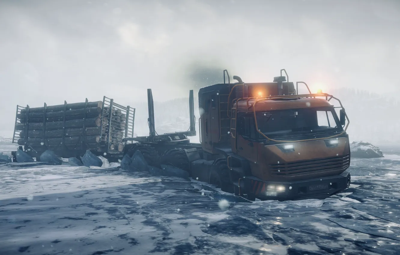 Фото обои HDR, Winter, Water, Smoke, Truck, Game, Ice, Trees