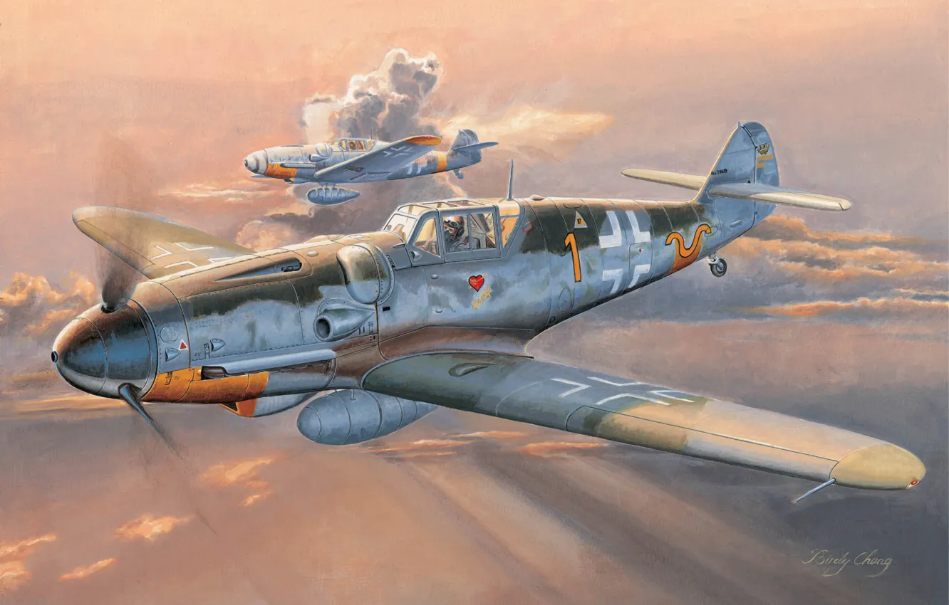 Фото обои war, art, painting, aviation, ww2, Messerschmitt Bf 109