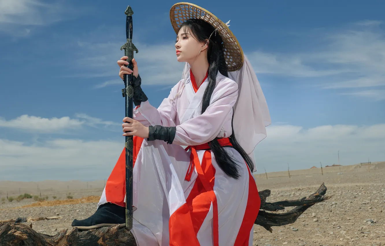 Фото обои sword, long hair, hat, model, women, cosplay, Nian Nian, Asian