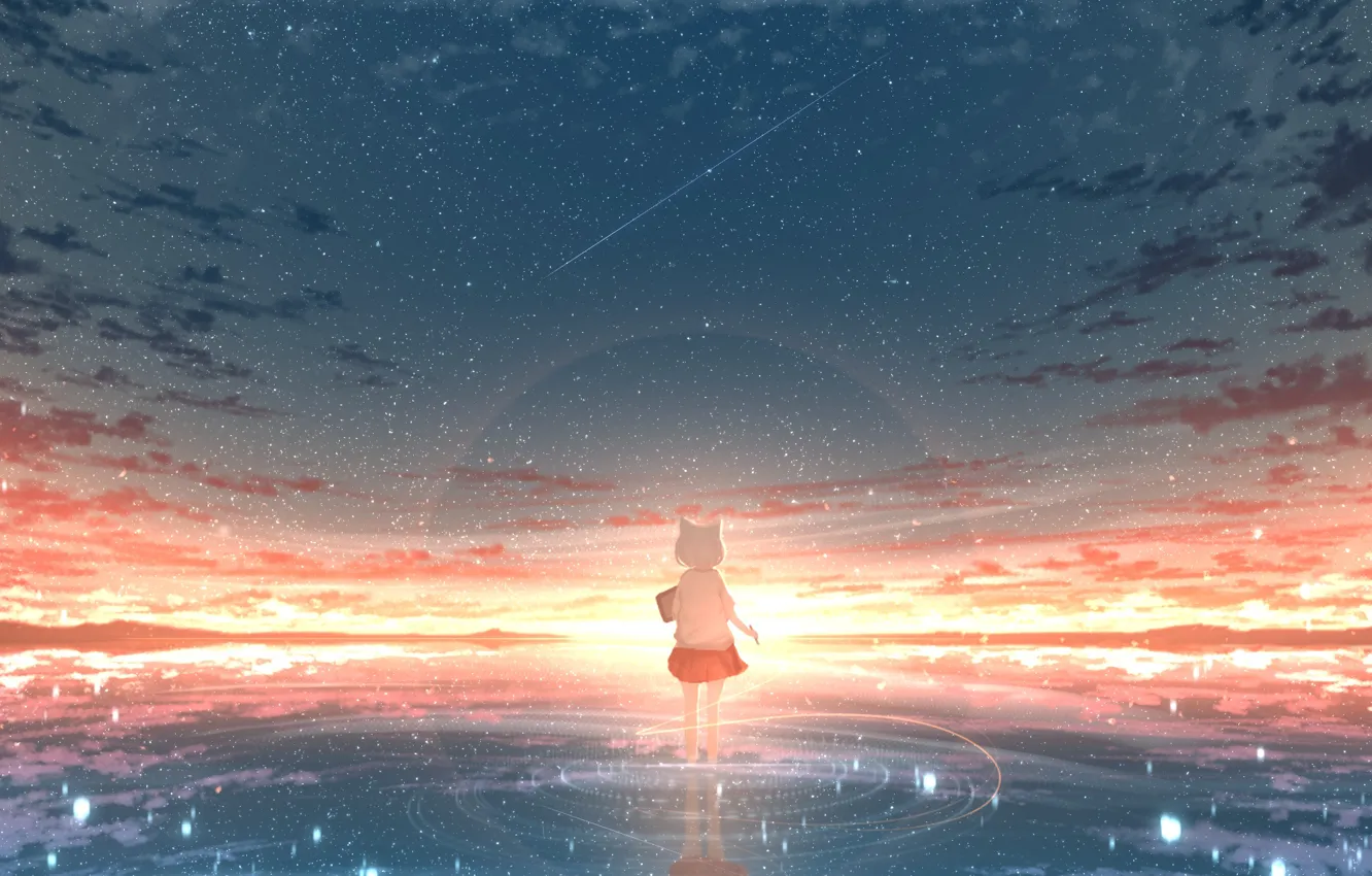 Фото обои море, небо, закат, девочка, неко, Rune Xiao