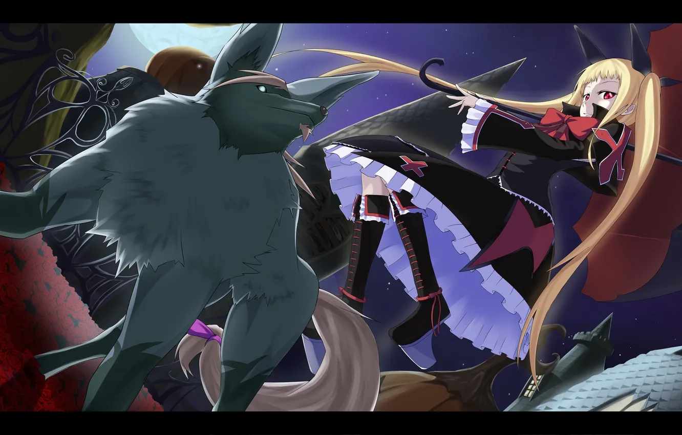 Фото обои животные, девушка, цветы, ночь, розы, зонт, арт, blazblue