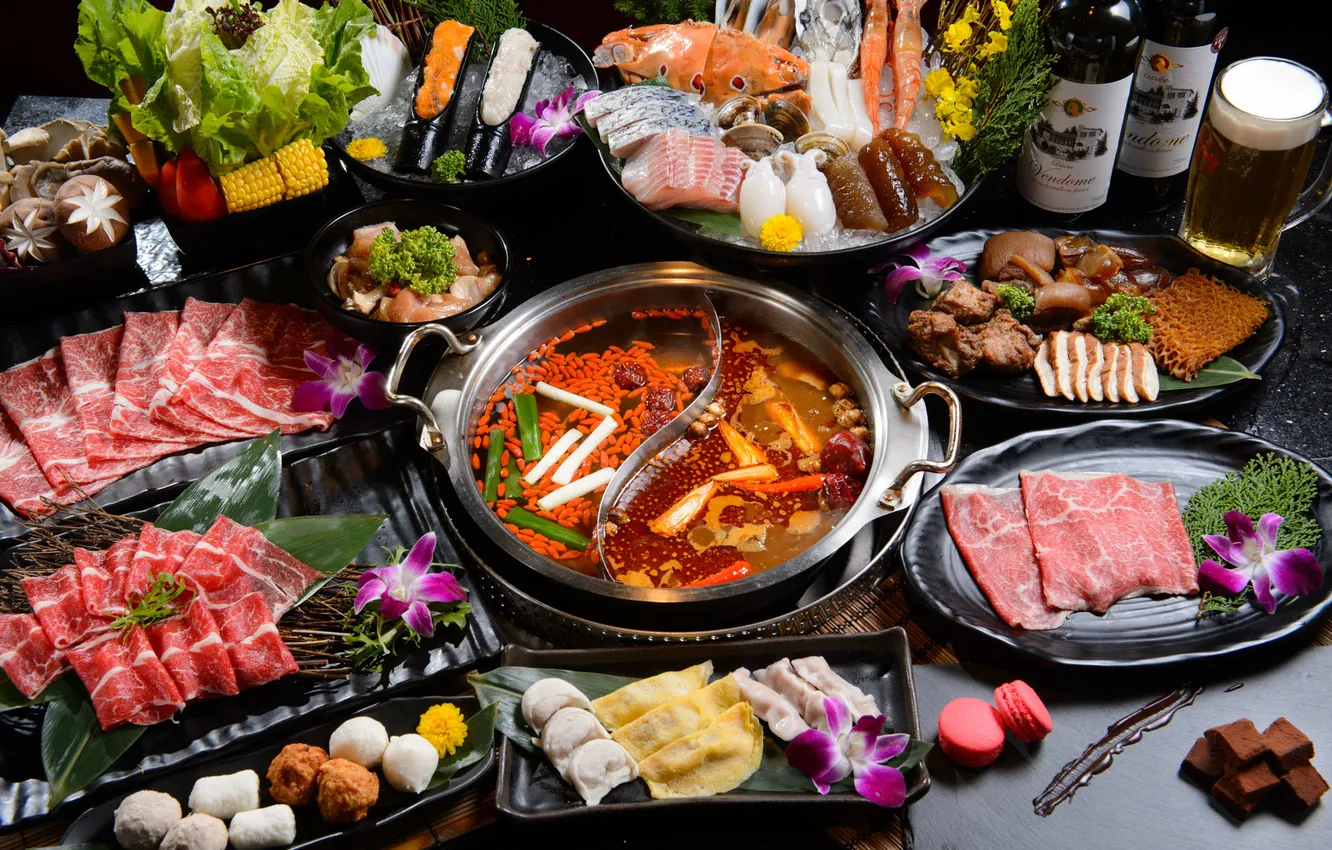 Фото обои рыба, суп, мясо, овощи, морепродукты, блюда, ассорти, китайская кухня
