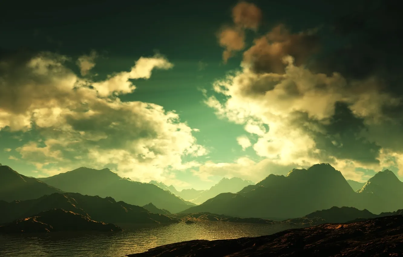 Фото обои зелень, закат, горы
