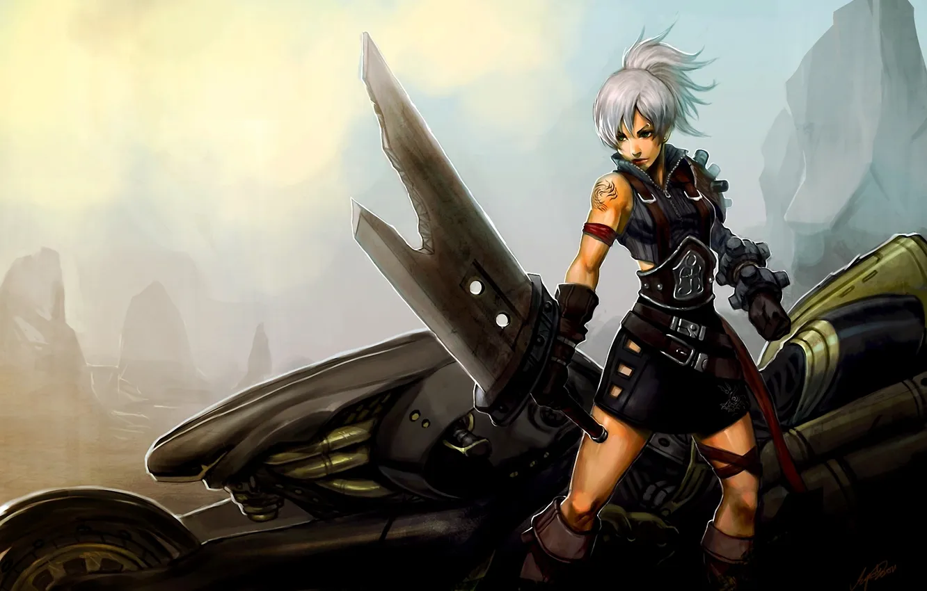 Фото обои девушка, оружие, меч, мотоцикл, лента, league of legends, riven