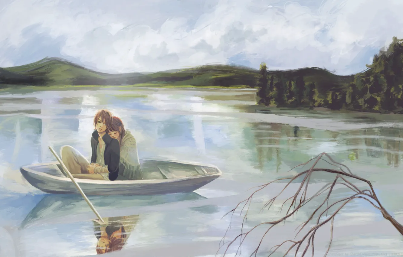 Фото обои девушка, озеро, лодка, рисунок, ветка, парень, yano motoharu, bokura ga ita
