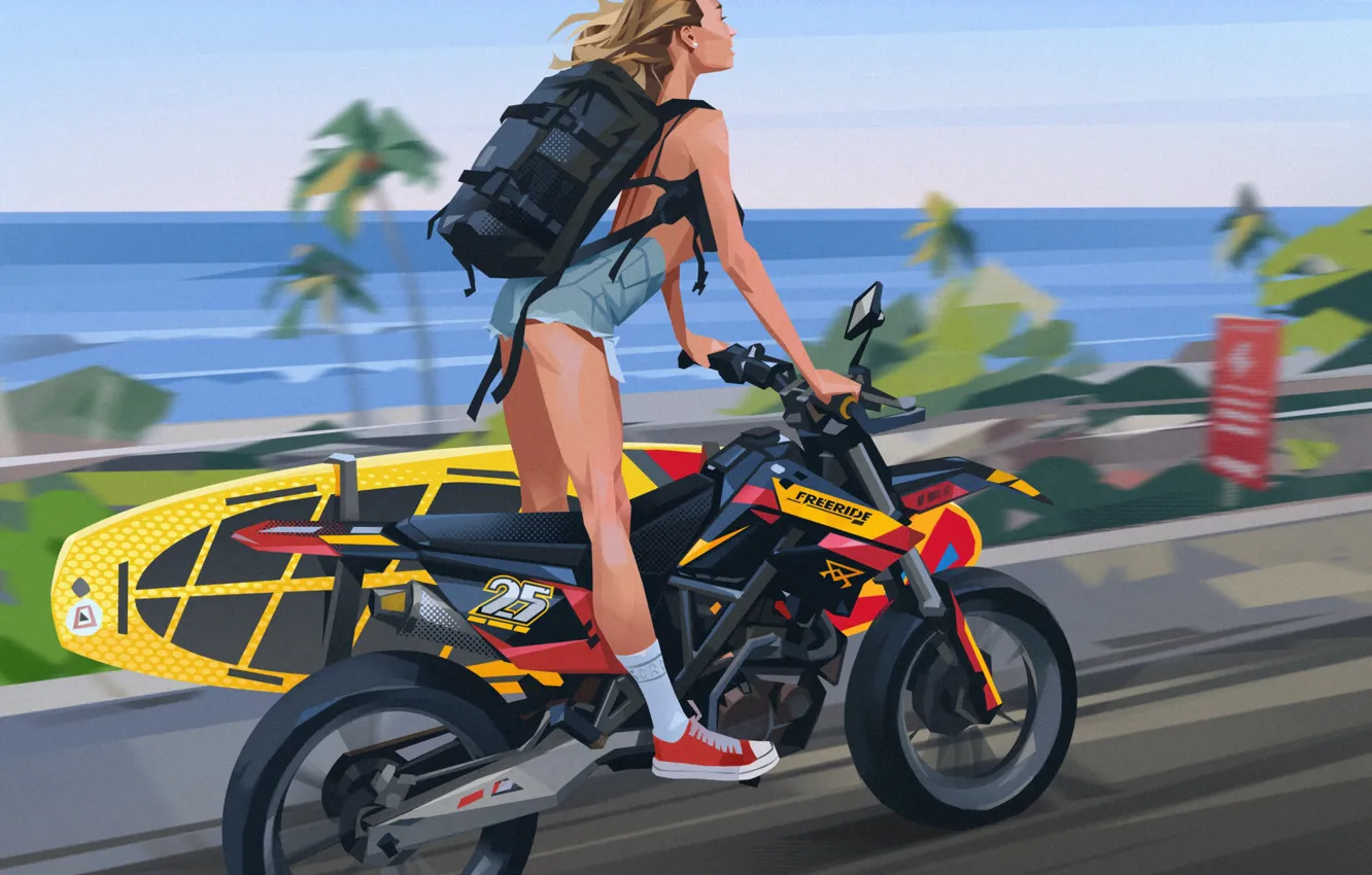 Фото обои девушка, пальмы, скорость, кеды, мотоцикл, рюкзак, берег моря, доска для серфинга
