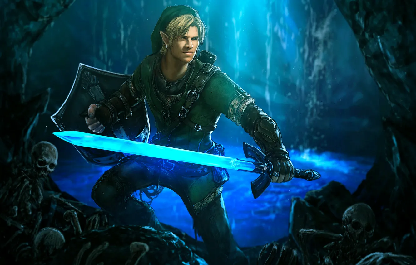 Фото обои меч, пещера, щит, elf, The Legend of Zelda, Link, Liam Hemsworth
