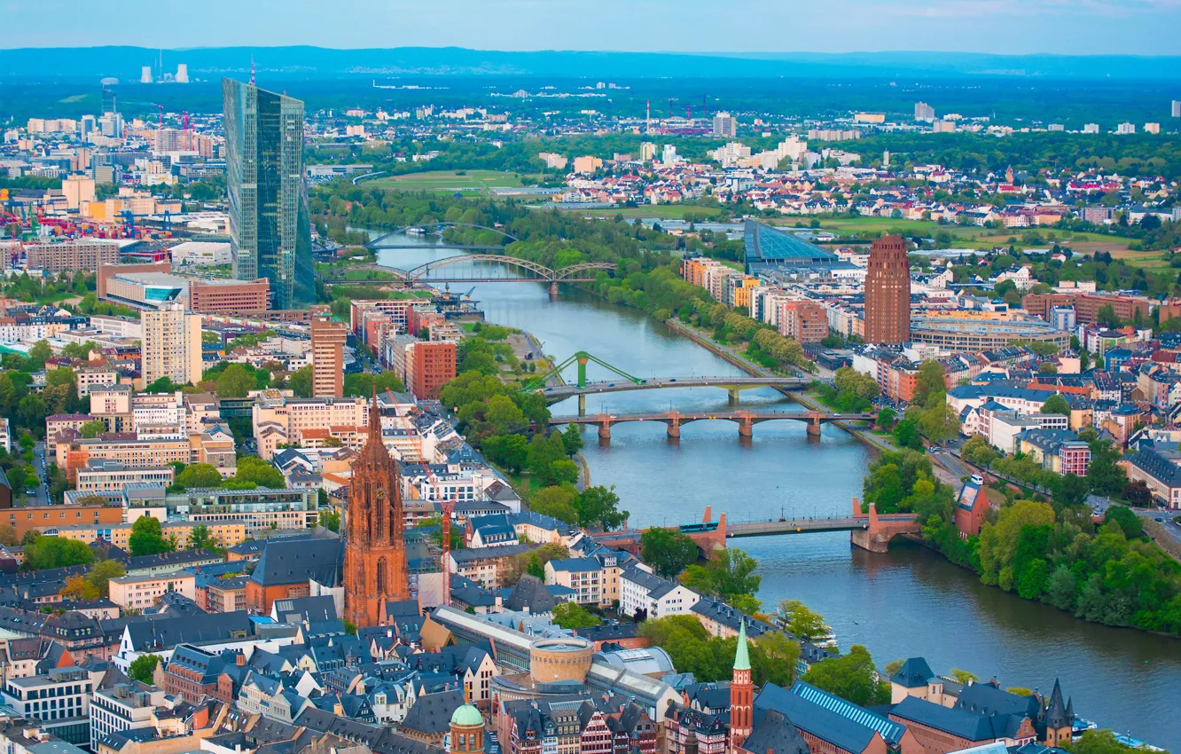 Фото обои река, здания, дома, Германия, панорама, мосты, Germany, Франкфурт-на-Майне