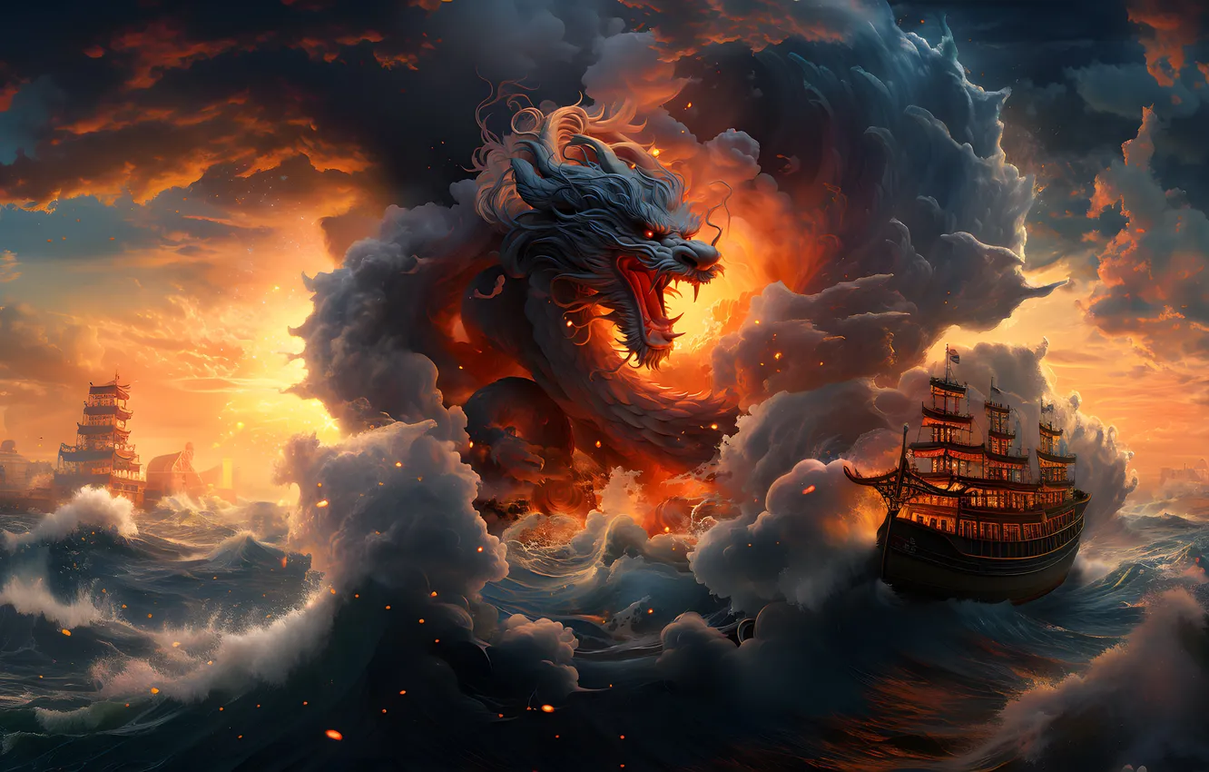 Фото обои море, огонь, дракон, корабль, фэнтези, ИИ-арт, нейросеть