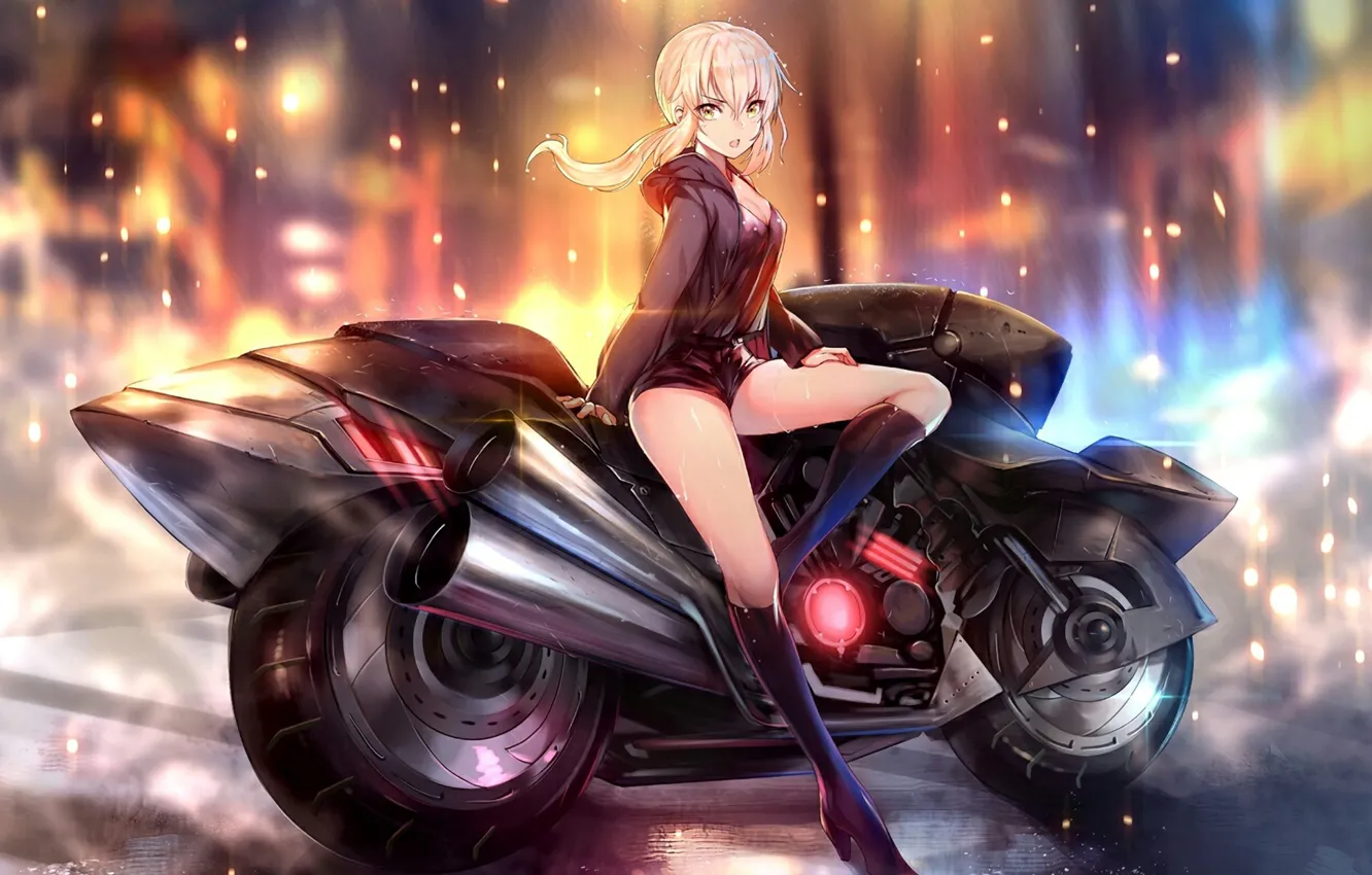 Фото обои girl, anime, blonde, asian, japanese, oriental, asiatic, motorbike