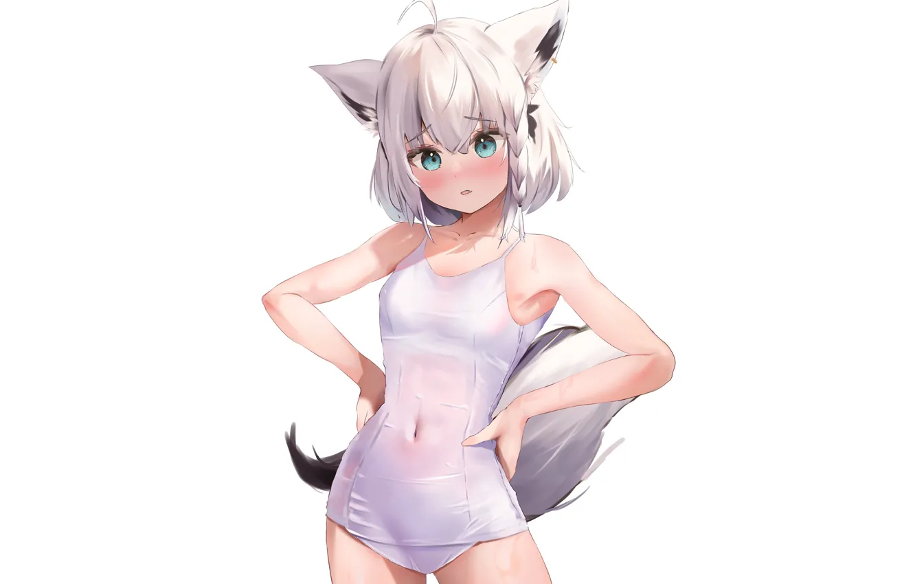 Фото обои girl, white, anime, swimsuit, babe, cute, standing, petite