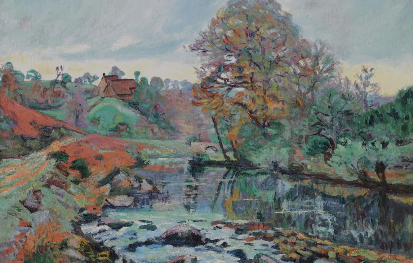 Фото обои пейзаж, река, картина, Арман Гийомен, Armand Guillaumin, Пейзаж Крёза, Вид с Моста через Шаро