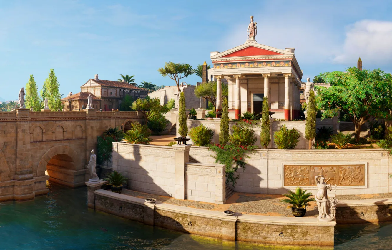 Фото обои мост, город, река, Assassin's Creed Origins