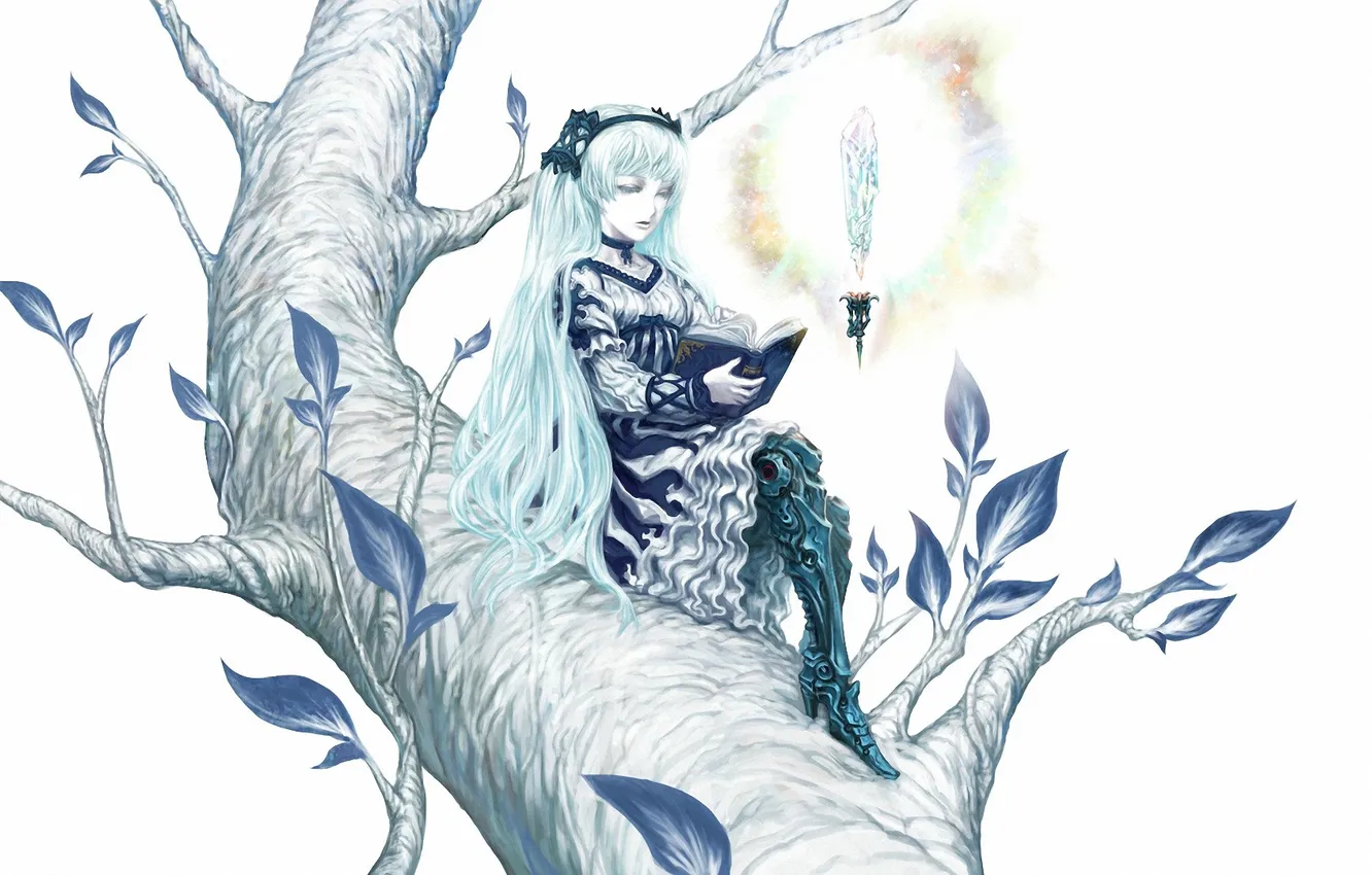 Фото обои кристалл, девушка, дерево, арт, книга, vocaloid, hatsune miku, сидя