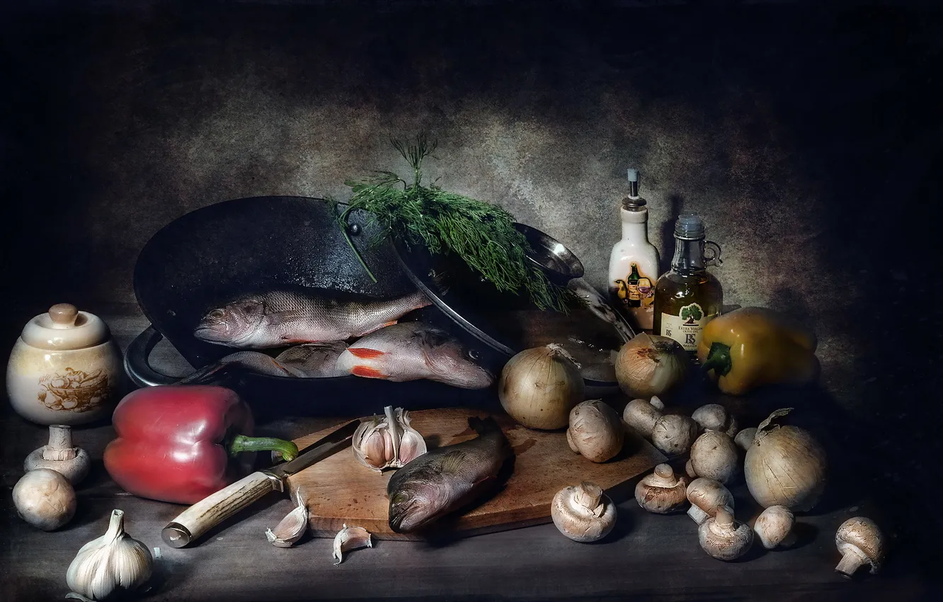 Фото обои грибы, еда, рыба, лук