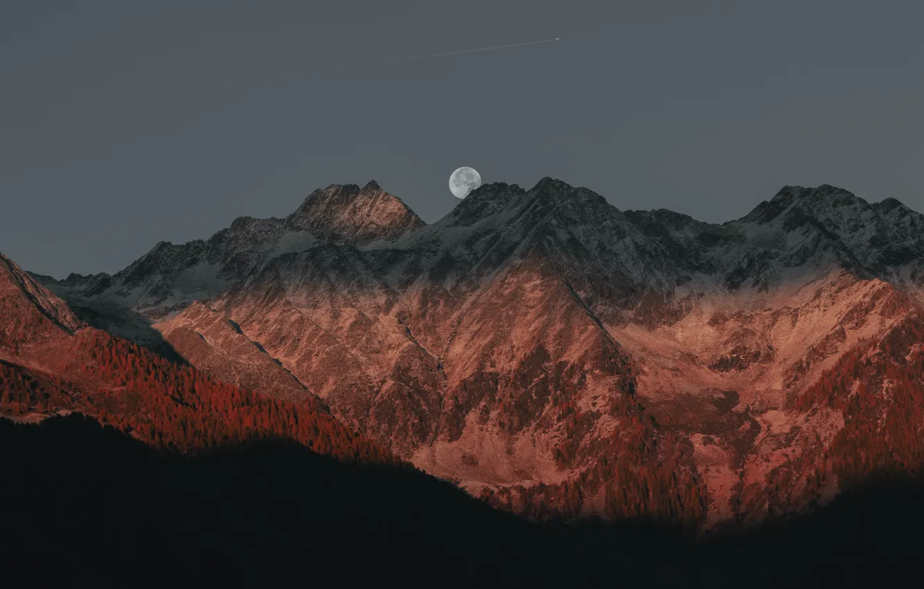 Фото обои горы, простор, space, mountains, beautiful landscape, full moon, полная луна, красивый пейзаж