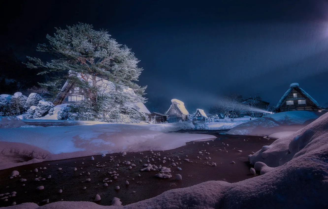 Фото обои зима, снег, пейзаж, ночь, природа, дерево, село, дома