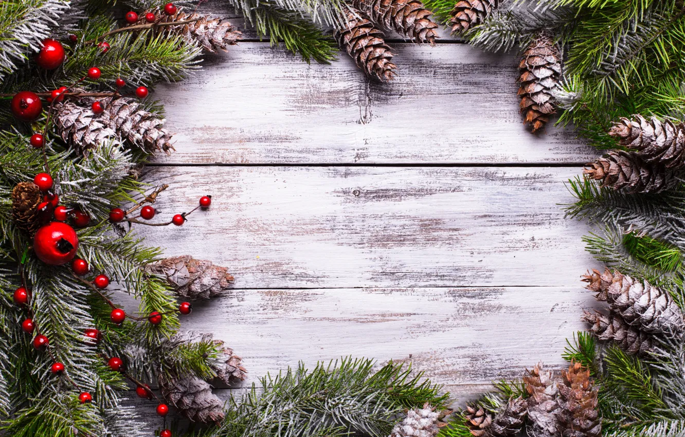 Фото обои снег, украшения, ягоды, елка, Новый Год, Рождество, Christmas, шишки