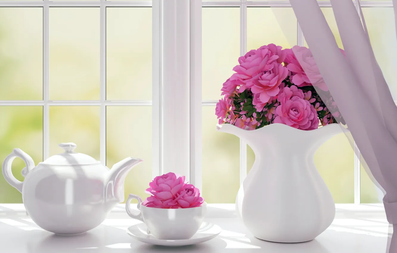Фото обои цветы, чайник, окно, чашка