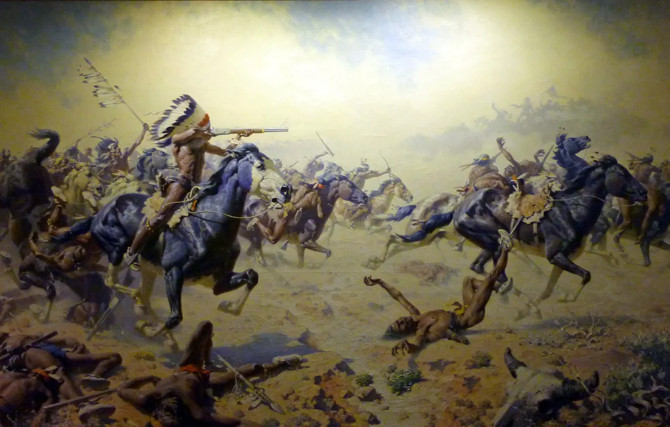 Фото обои картина, живопись, painting, Frederic Remington, Custer's Last Stand at Woolaroc