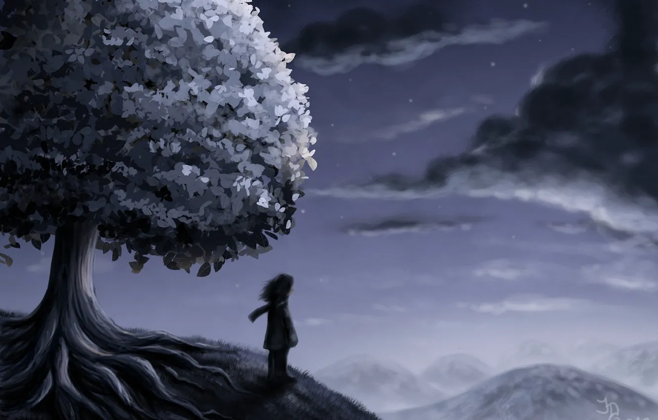 Фото обои звезды, облака, ночь, дерево, человек, холм, арт