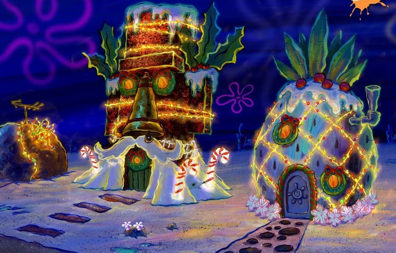 Фото обои дома, губка боб, squarepants, spongebob, украшенные