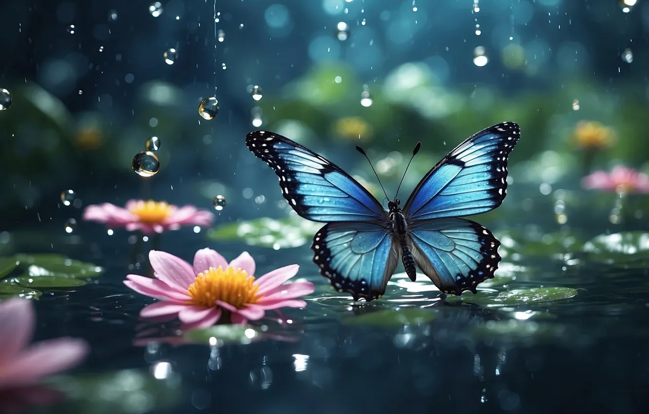 Фото обои rain, butterfly, flowers, drops